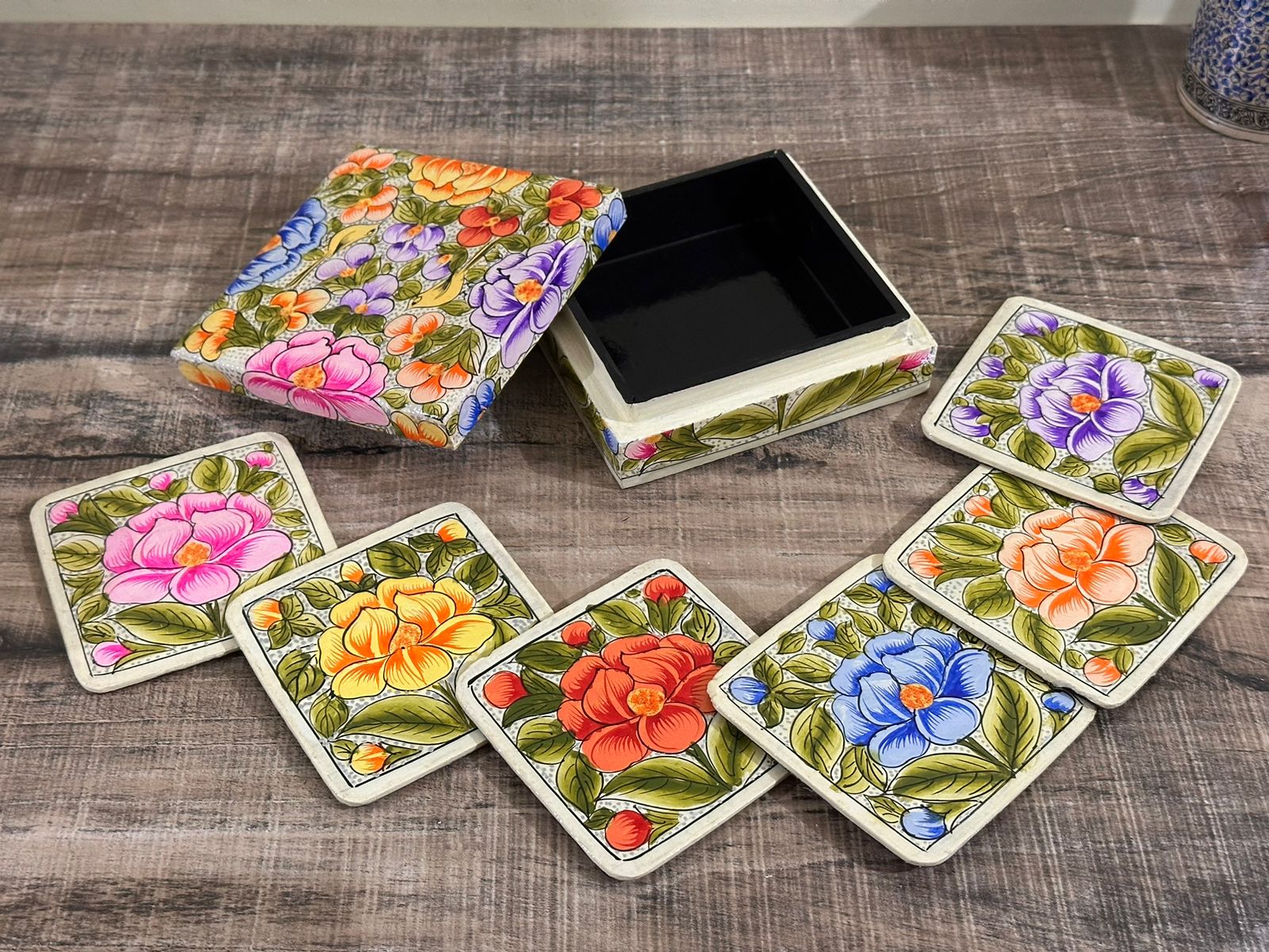 Paper Mache Coaster Set ( 6 coasters ) with Trinket Box . Hand Painted Kashmiri Paper Mache Box 